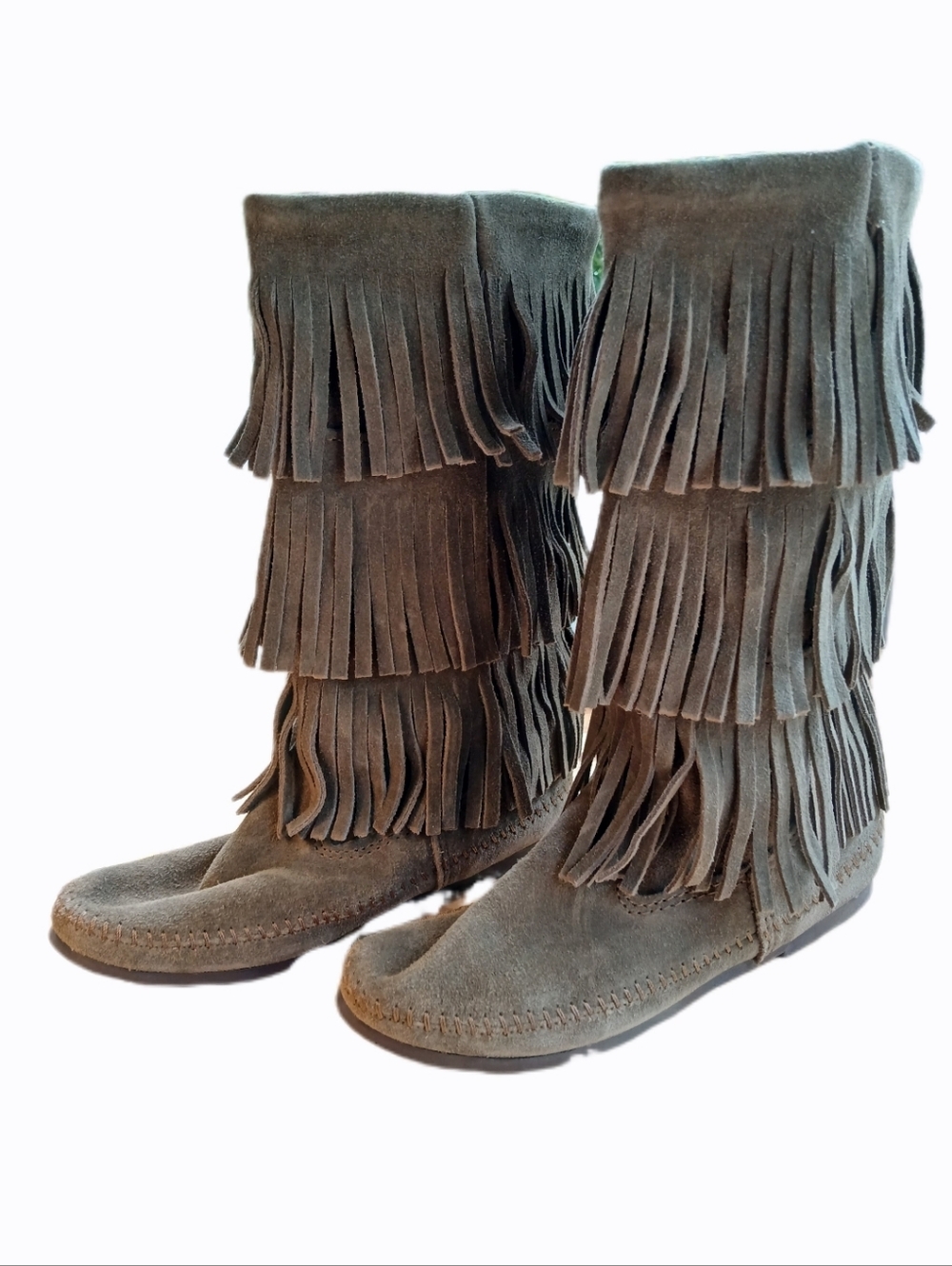 Minnetonka Moccasins 8 Moss Green Tiered Fringe Suede Mid-Calf Boots Boho